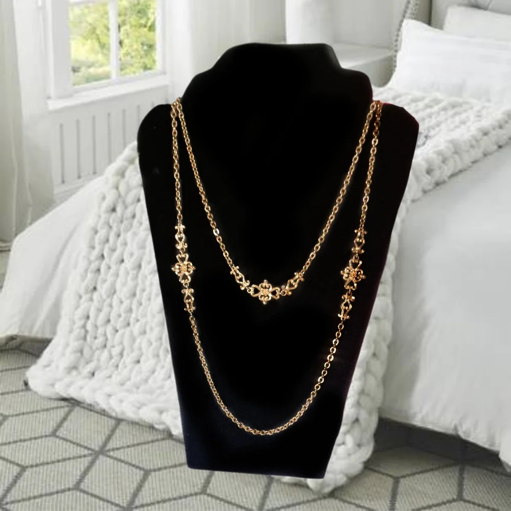 Elegant Extra-Long Gold Tone Necklace with Floral Accents
